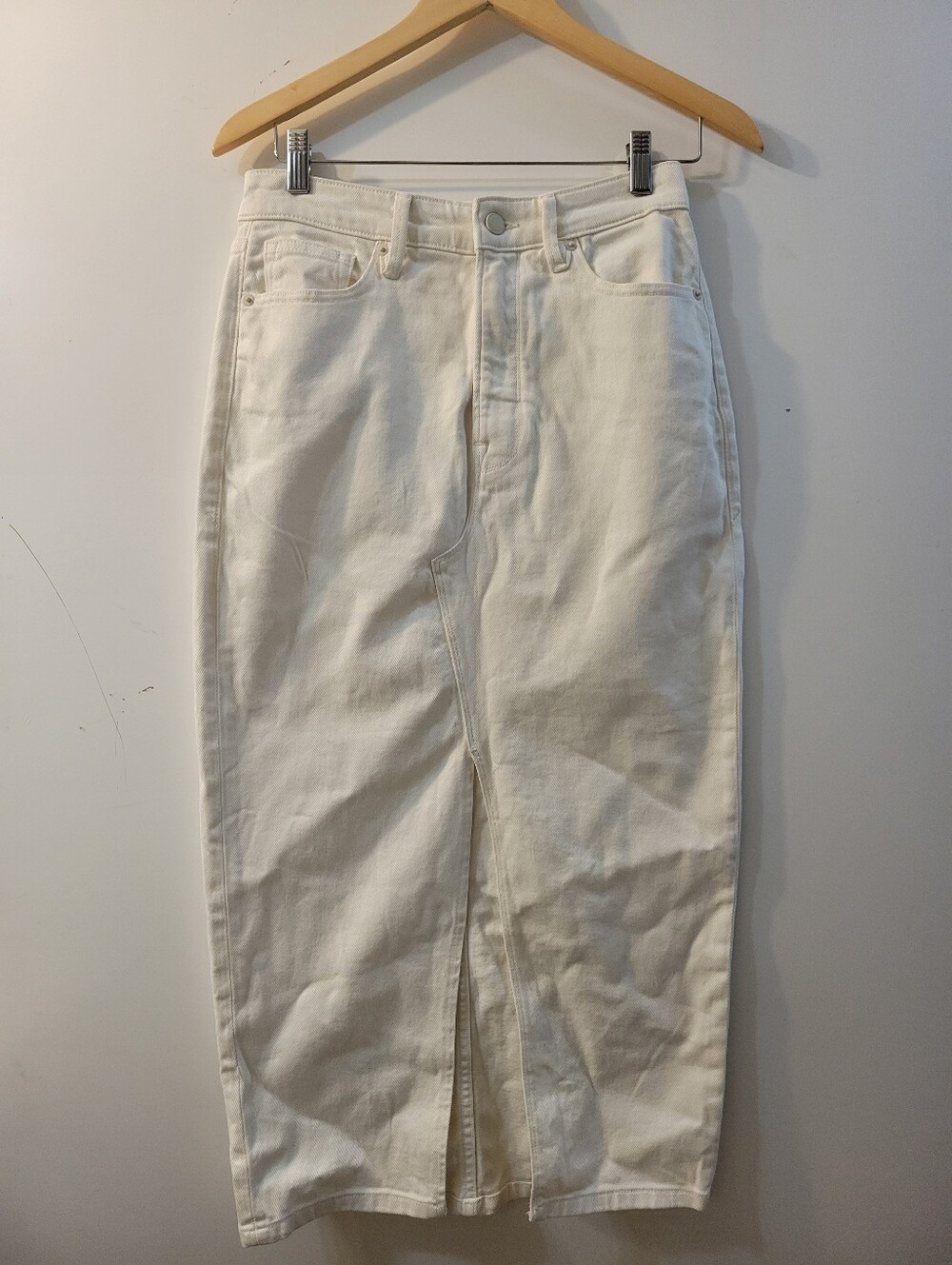 Good American White/ Ivory Denim Midi Skirt Front Slit - Picture 3 of 9
